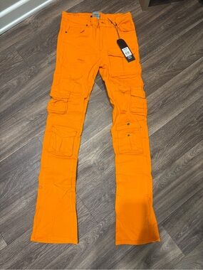 Men's Stacked Skinny Cargo Pants in Vibrant Orange Multiple Sizes 36” Length